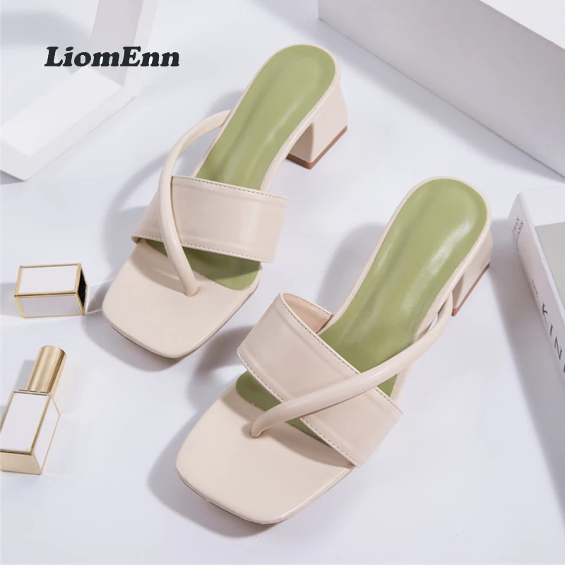 

Women's Square Toe Mid Heels Slippers Outdoor Casual PU Leather Sandals Women Flip Flops Elegant Party Dress Shoes 2022 Fashion