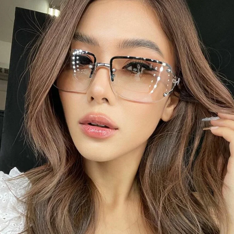 

2023 New Frameless Transparent Gradient Lenses Sunglasses Women Fashion Sun Glasses Diamond Y2K Square Future Style Glasses Girl