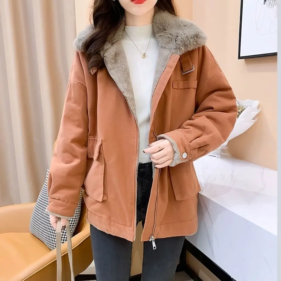 2023 New Winter Long Sleeve Jacket Parka Fleece Lined Warm Thicker Plus Size Korean Fashion Loose Zipper Snowsuit Coat