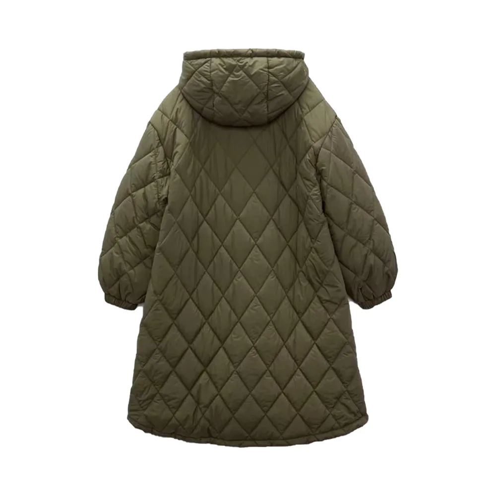 Autumn and winter new fashion women's casual loose stand-up collar hooded rhombus mid-length cotton coat