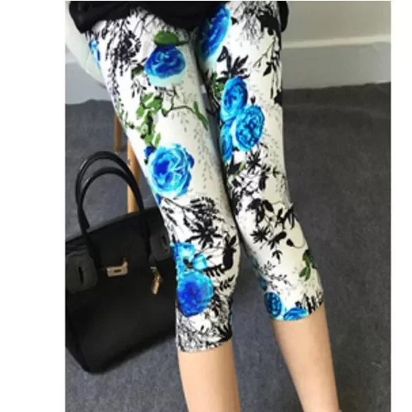

2022NEW Floral Grid Stripe Print Leggings Capris Womens Leggins Summer Calf-Length Stripe Short Pant
