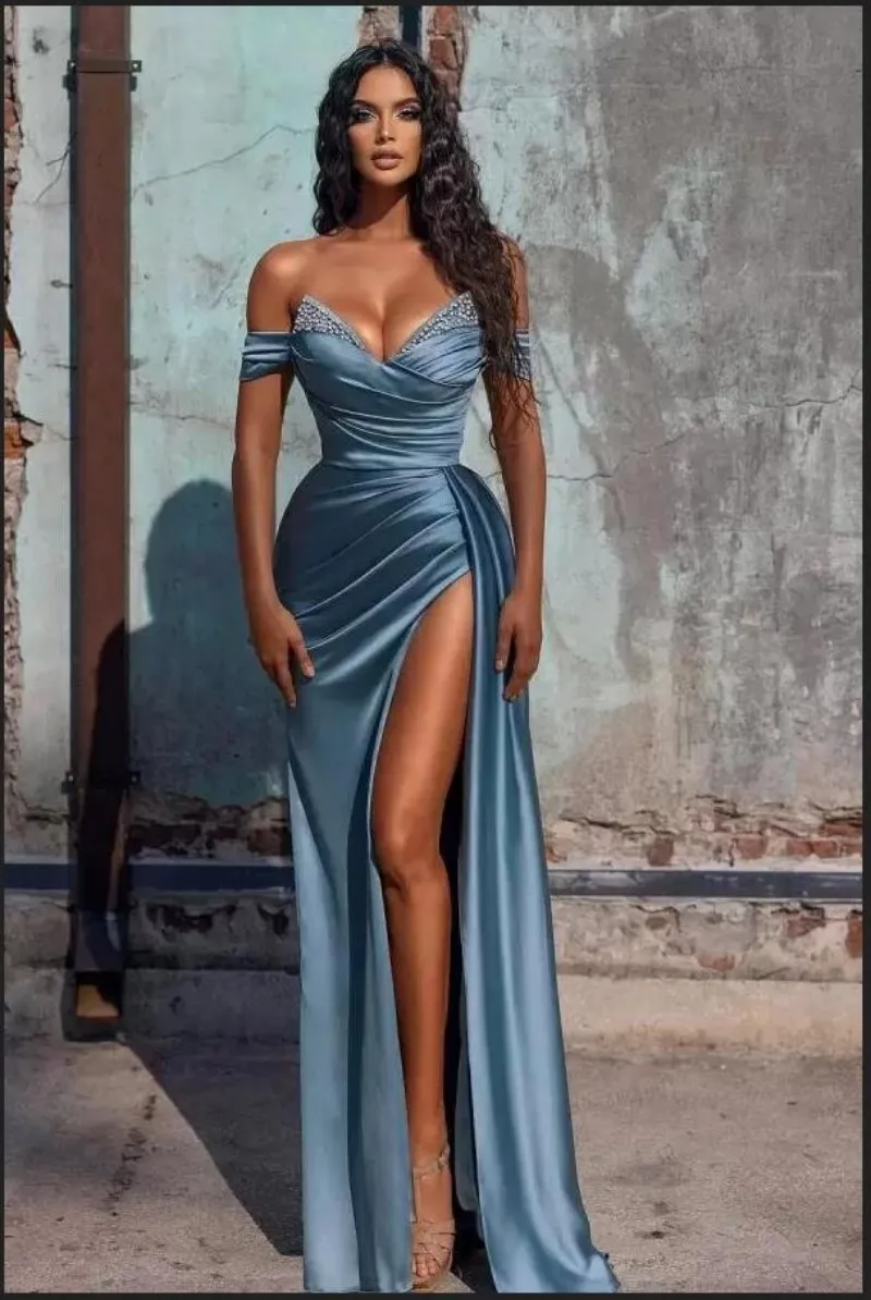 

Sexy Off The Shoulder Blue Prom Dresses Mermaid Formal Evening Party Gowns With High Split Slit Robe De Soirée Beaded Customize