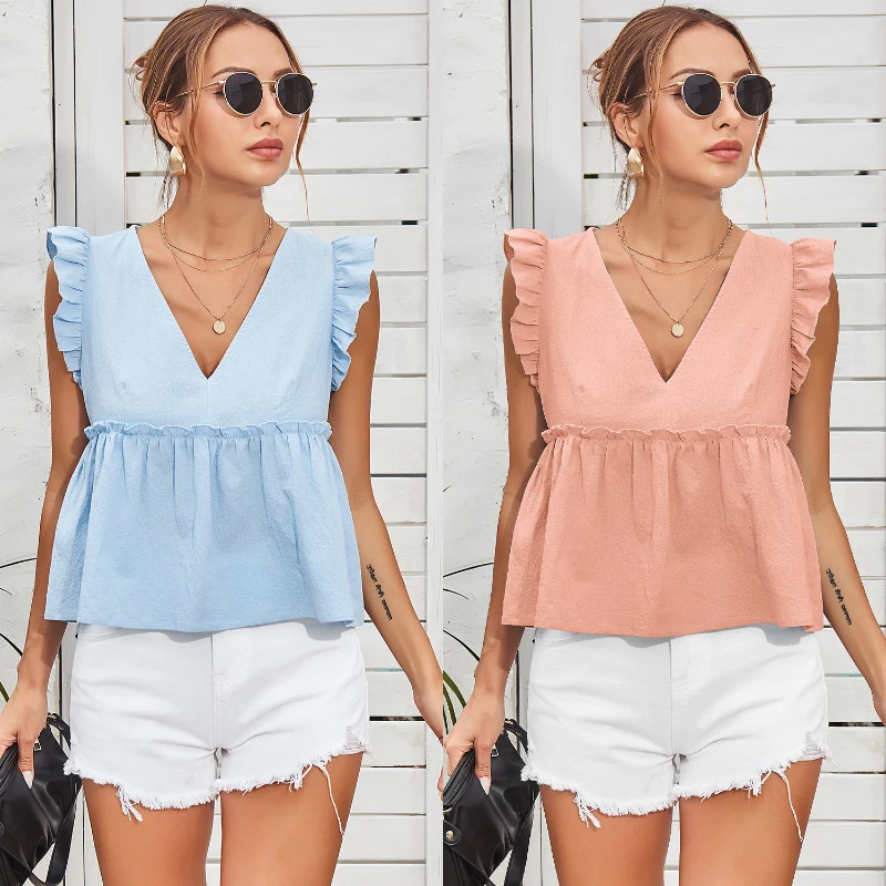 

2022 Summer European and American Fashion Fungus Lace Stitching Shirt Women Waist V-neck Sleeveless Solid Color Shirt Women