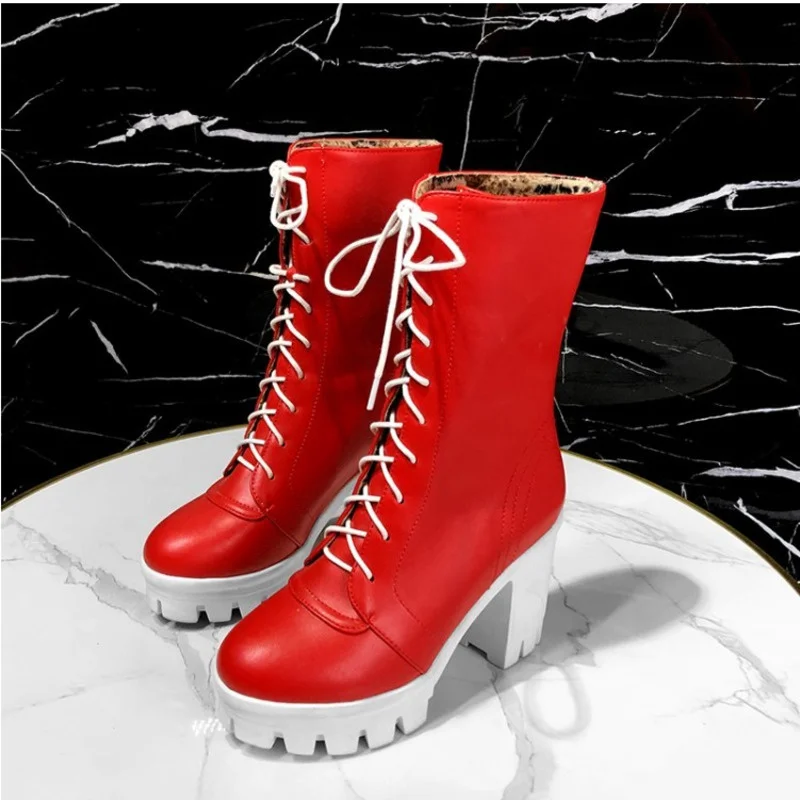 

Mid Calf Fur Warm Women Shoes 2021 New Round Toe Martin Female Boots Leather Cross Tied Fashion Women'ss High Heels Booties