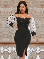 sexy off shoulder polka dot beaded dress bodycon party date night dinner dresses black patchwork fashion dresses big size women