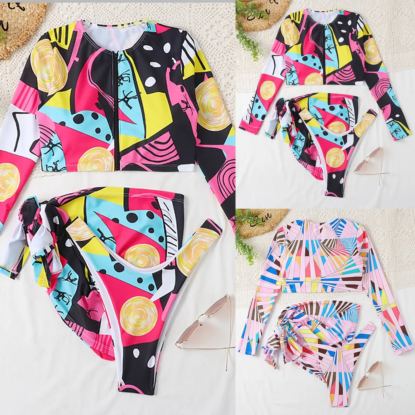 

Соблазнительный купальник с принтом, сексуальные пляжные купальники, женское бикини с разрезом, купальники с тремя разрезами, комбинезоны ...