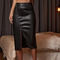 new women zipped slit midi bodycon skirts office black pu leather skirt sexy high waisted wrap pencil skirts