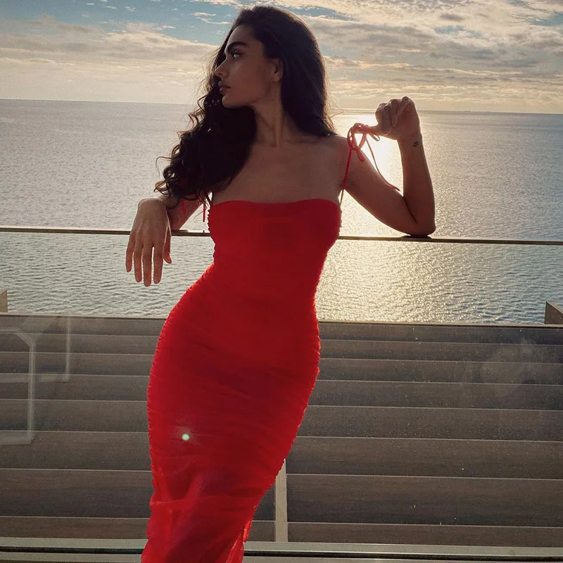 Bandage Pleated  Mesh Spaghetti Strap Backless Bodycon Sleeveless Midi Dresses Elegant Lace Up Party Clubwear Vestidos