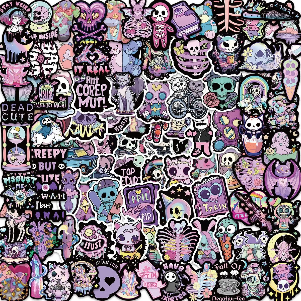 

100Pcs Cartoon Black Purple Gothic Style Doodle Stickers Waterproof Guitar Stationery Refrigerator Skateboard Decal Toys