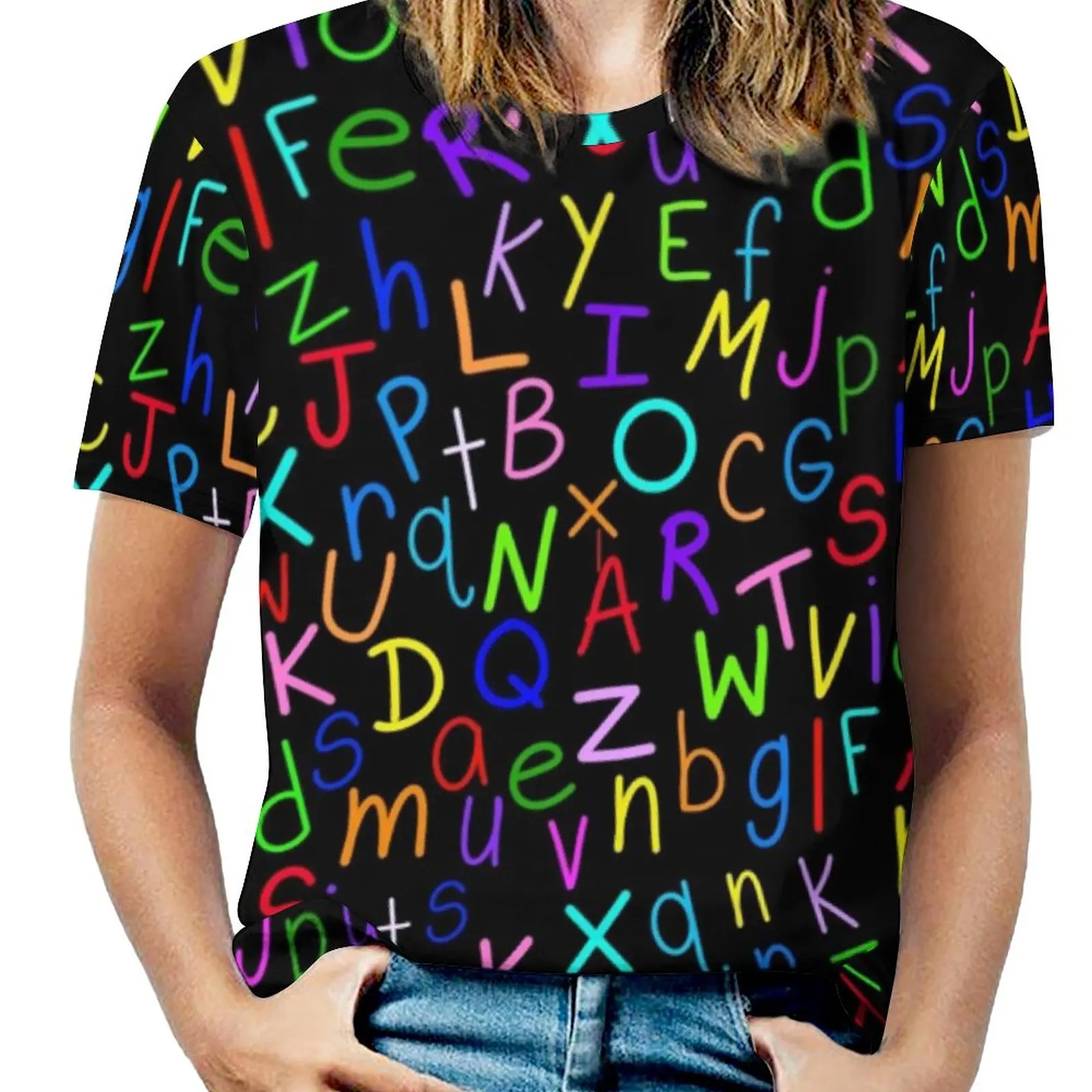 

Футболка женская с принтом букв алфавита, милая оверсайз рубашка с коротким рукавом, Повседневная пляжная одежда с принтом, цветная