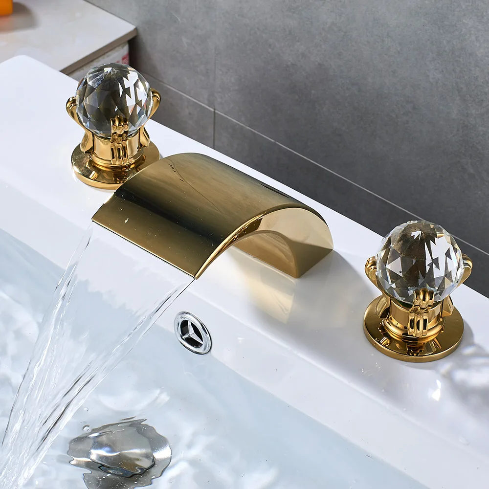 

Crystal Handle Golden Waterfall Bathroom Faucet Deck Mount Widespread Bathroom Tub Sink Faucet Chrome Basin Mixer Tap