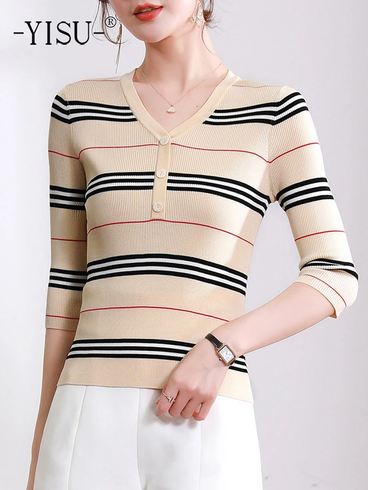 

YISU Fashion Summer Women Sweater stripe V-Neck T-shirt Casual Short sleeve Tops Female Knitted Pullover Slim fit Women Clothing