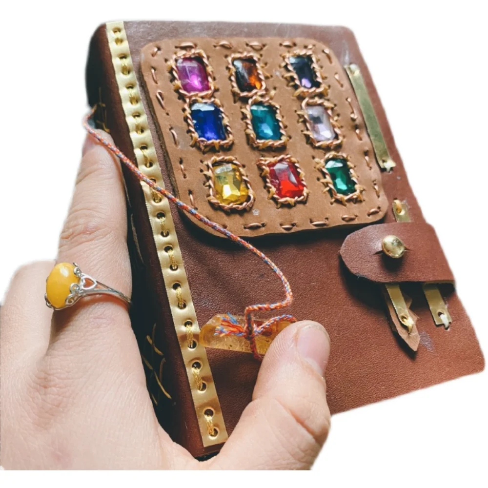 

Handmade retro gemstone inlaid hand ledger, pure cowhide, portable and compact notebook, travel mood diary