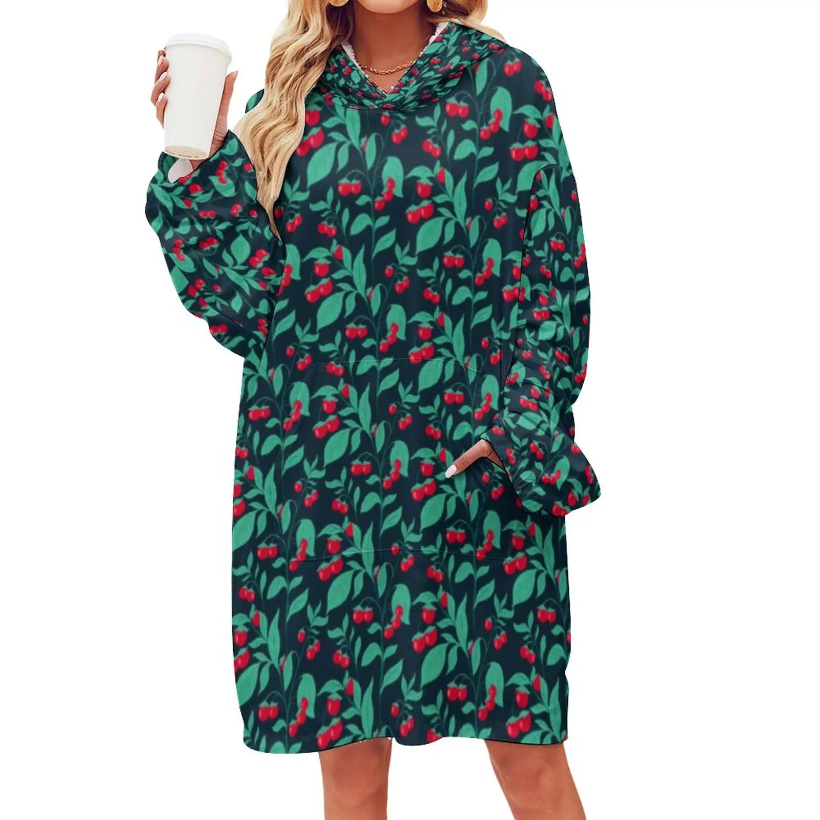 

Одеяло с капюшоном для взрослых, флисовые толстые одеяла с принтом зеленых листьев, модная рубашка с карманом