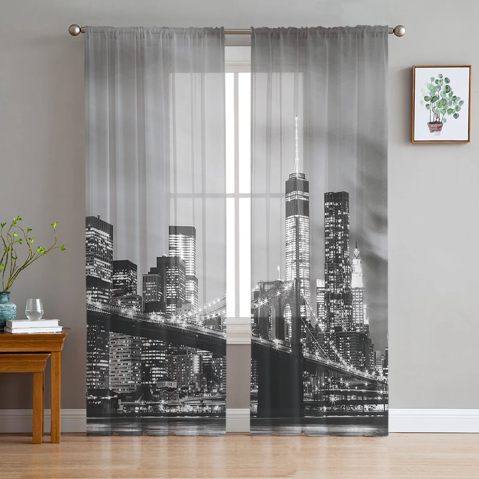 

Black White Manhattan Skyline Brook Bridge Tulle Window Curtains for Bedroom Indoor Living Room Voile Decorative Curtains Drapes