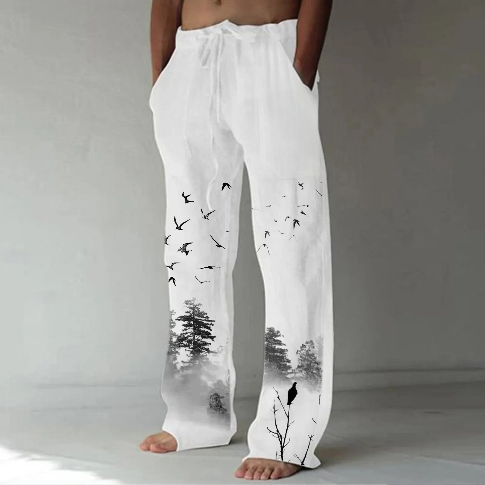 

Pant Pants Straight Length Pocket Casual Full Print Trouser Male Drawstring Men's Stitched Crease Pants Chip And Lounge Pants