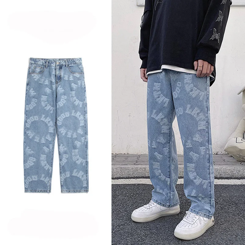 

Mne's Printed Oversize Hip Hop Jeans Joggers Fashion Streetwear Baggy Denim Trousers Painted Jean Pants Loose Fit