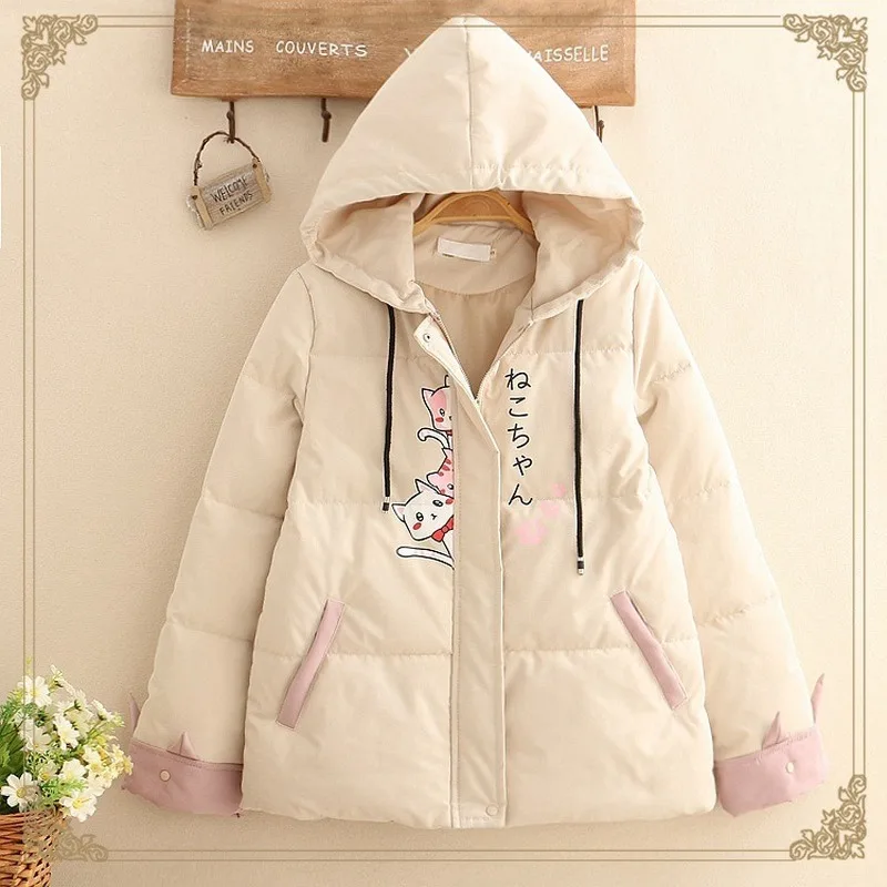 

Women Thick Parkas Japanese Cute Cartoon Cat Outwear Merry Pretty Girl Winter Jackets Clothes Kawaii Warm Coats Hooded Overcoat