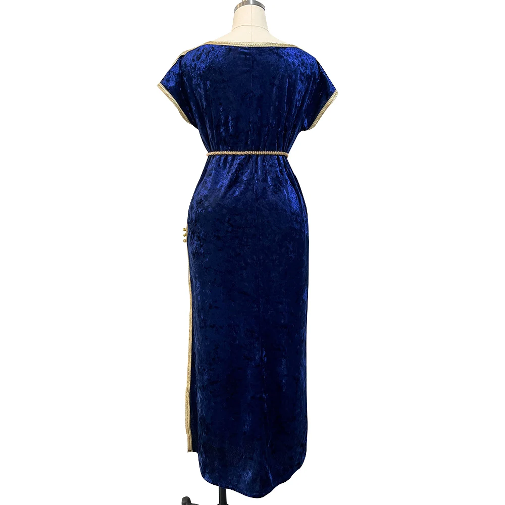 Muslim Dress Navy Blue Velvet Hand Sewn Diamond Dress Autumn Winter New Long Dress Abaya Robe Islamic Robe Party Vintage Dress