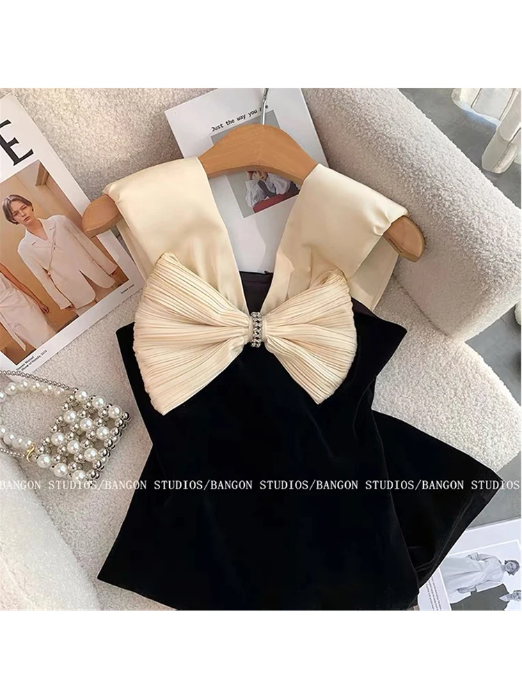 2022 New Summer French Elegant Vintage Fashion Mini Dresses Women Sweet Bow Romantic A-line Frock Party Aesthetic Design Stylish