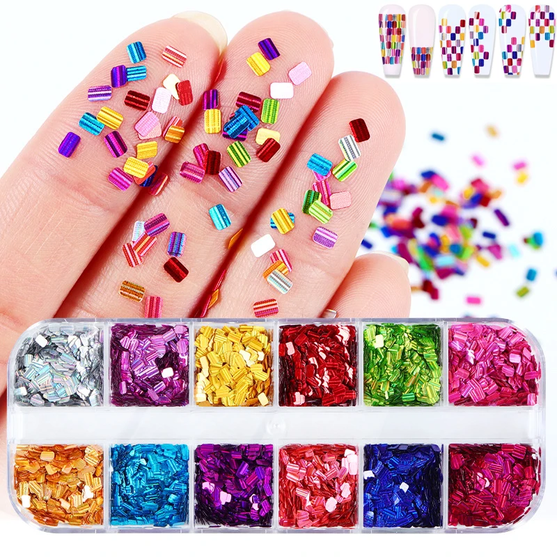 

12 Grids 3D Charm Glitter Rectangle Sequins for Nail 2022 New Colorful Splicing Square Nail Laser Decorations Professional Patch