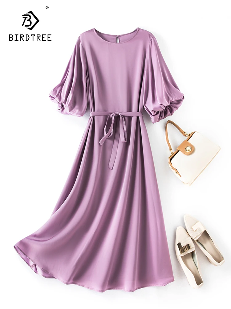 Birdtree 93%Mulberry Silk 7%Spandex Dress 2023 Women's Summer Mid Length Round Neck Bud Sleeve Loose A-line Party Dress D37526QC