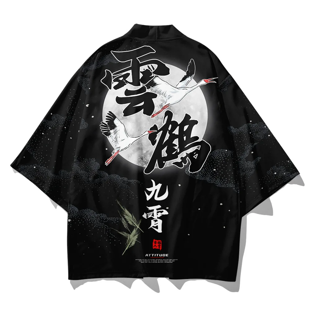 Chinese Kimono Men Print Crane Cardigan Large Size Polyester 3/4 Sleeve Robe Spring Summer New Underwear Casual Home Bathrobe