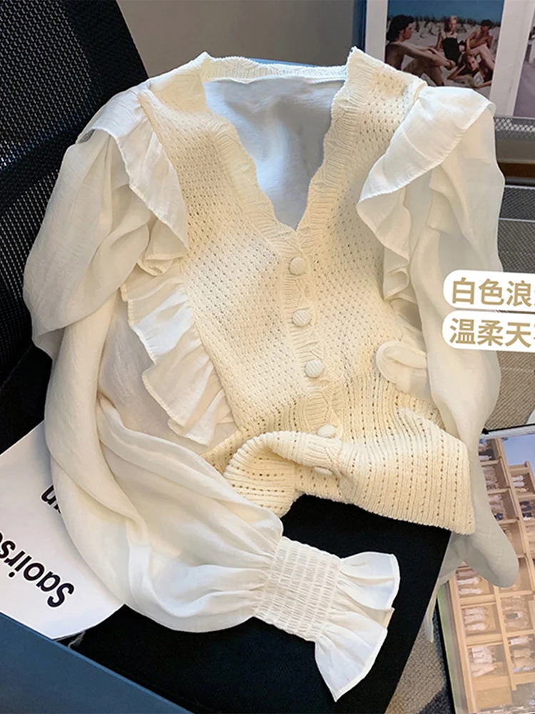 2022 Spring Autumn Elegant Ruffles Patchwork Women Blouses Casual V Neck Long Sleeve Loose Female Tunic Solid Blouses For Female