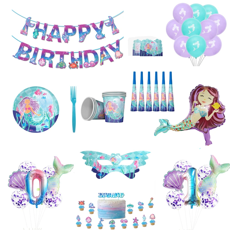 

Mermaid Disposable Tableware Mermaid Party Supplies Plates Cups Balloons Baby Shower Girls Mermaid Birthday Party Decoration