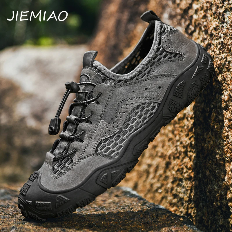 

JIEMIAO New High Quality Cow Leather Hiking Shoes Man Trekking Fishing Shoes Mesh Breathable Men Sneaker Outdoor Camping Shoes