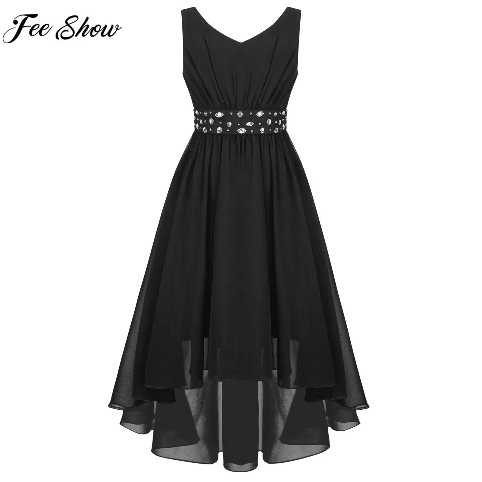 

Little Girls Elegant Shiny Beaded Chiffon Party Dress Sleeveless Hi-lo Hem Wedding Flower Girls Birthday Evening Princess Dress