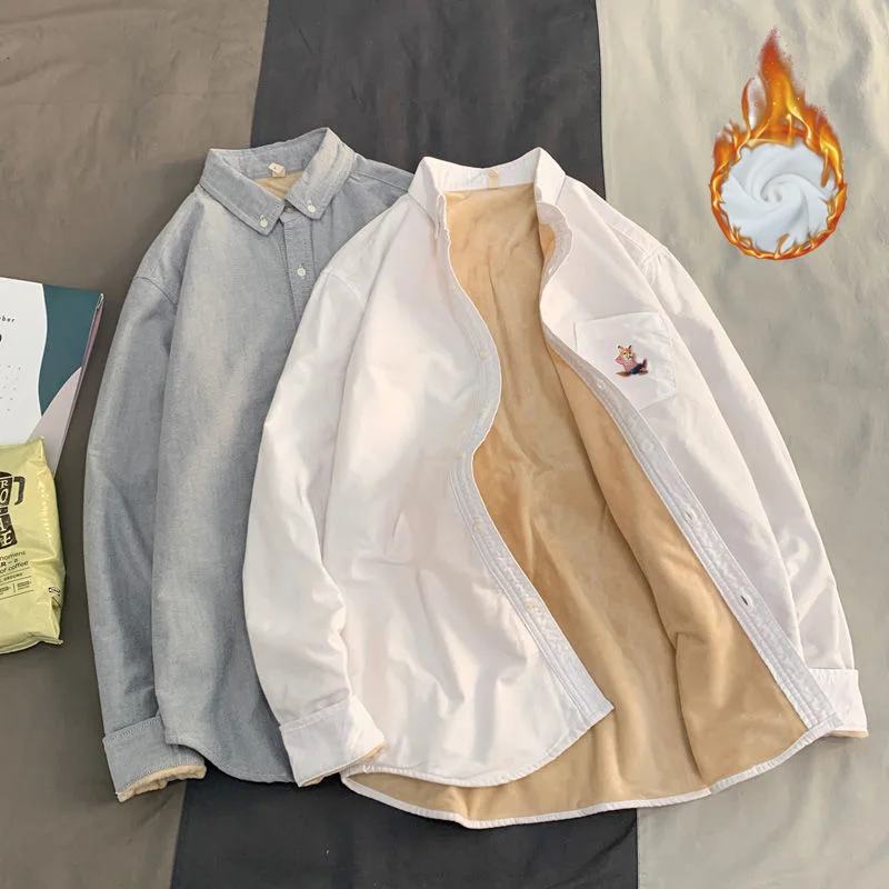 Autumn Mens Shirt Luxury Brand Lazy Fox Embroidery Logo Lapel Shirt Plush Warm Shirt Fashion Long Sleeve Shirt Men Tops