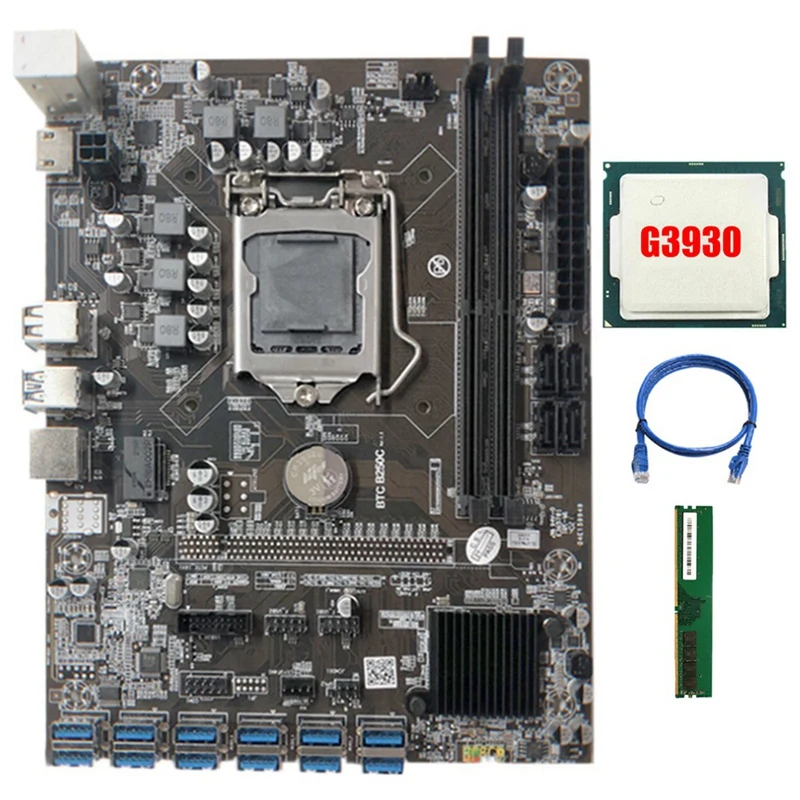 

Семейная материнская плата для майнинга с процессором G3930 + 1XDDR4 8G 2666 МГц ОЗУ + кабель RJ45 12XPCIE к USB, слот для карты для BTC