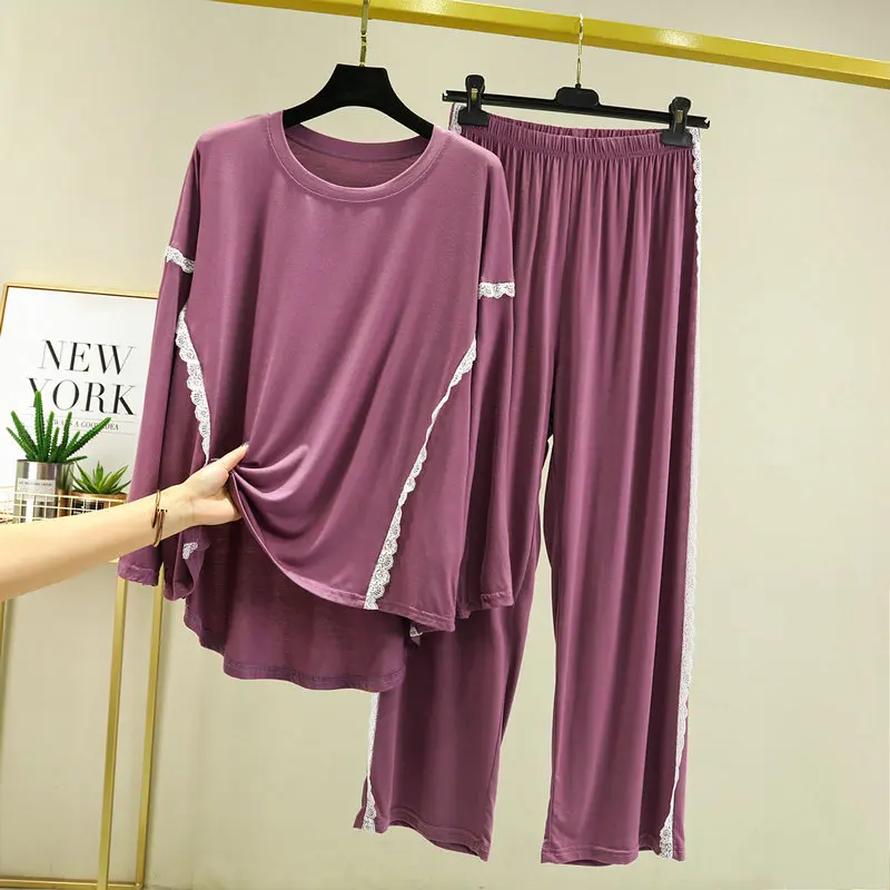 Home Pajamas Set Sexy Sleepwear For Women Elastic Decorative Lace Full Sleeve Pyjama Women's Modal Summer Fashion Big Size