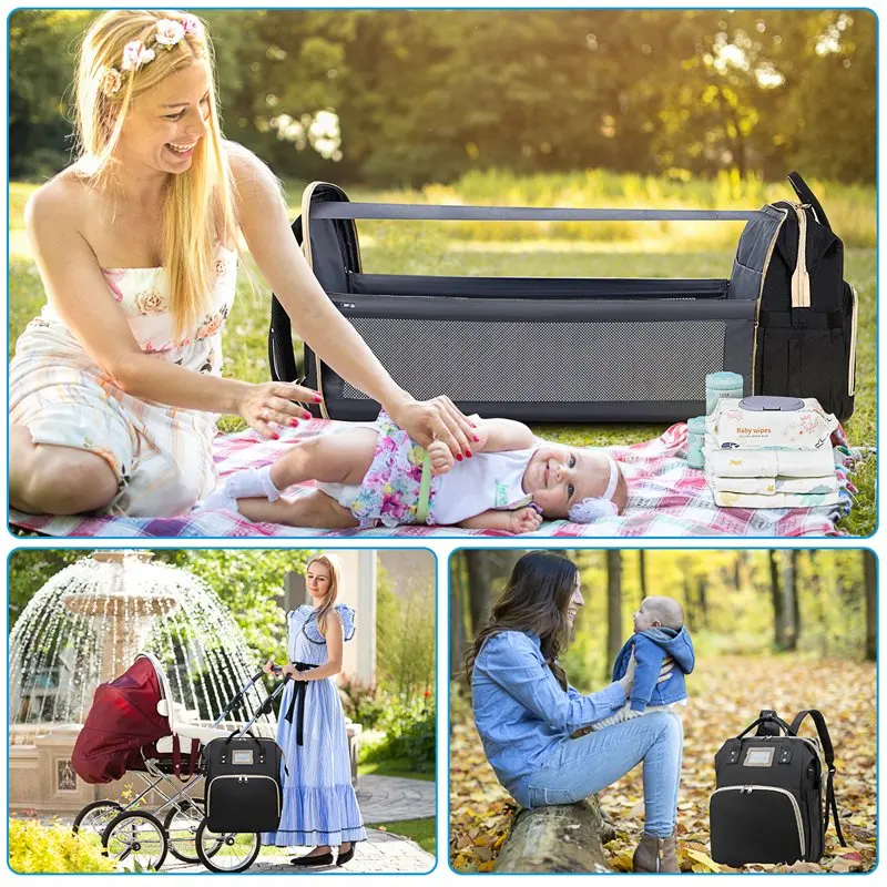 Diaper Bag Backpack, Multifunctional Baby Changing Bag with Foldable Crib & Insulated Milk Bottle Pocket, Large Capacity Travel