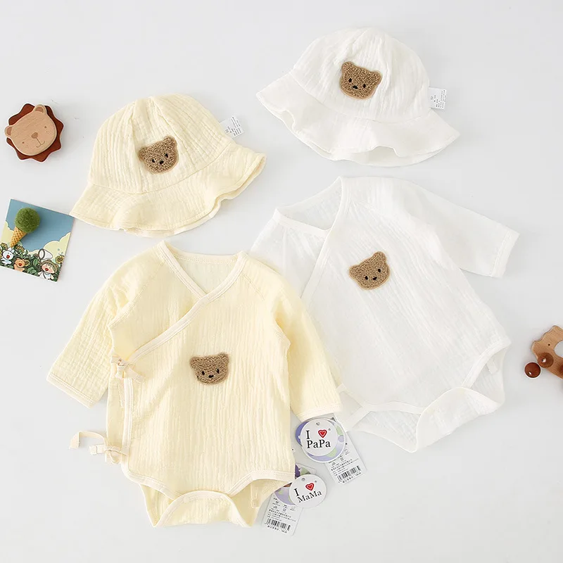 2023 New Baby Long Sleeve Bodysuit + Hat Comfortable Newborn Cotton Jumpsuit Cute Bear Infant Toddler Clothes Boy Girl Onesie