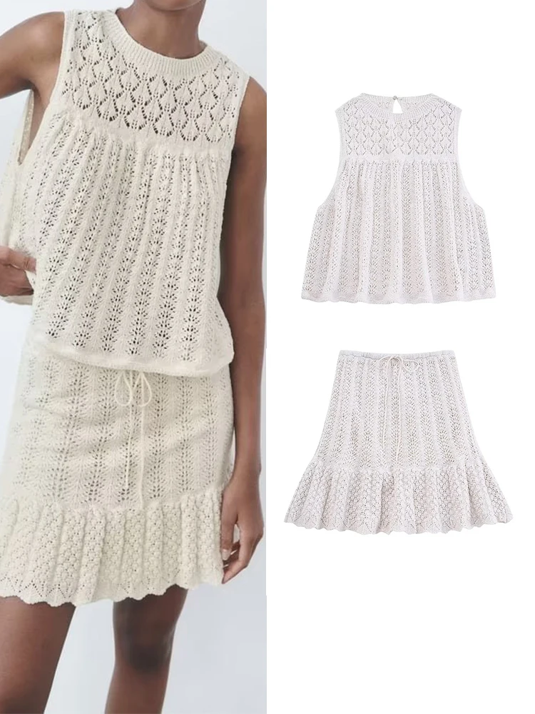 

TRAF 2023 Summer Jacquard Mesh Knitted Set For Women New Leisure Holiday Style O-Neck Sleeveless Top+A-Line Mini Skirt 2 Colors