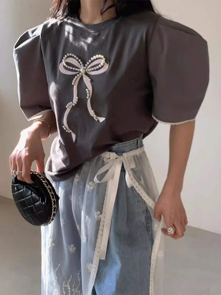 Женская летняя футболка с рукавами-фонариками и бантом