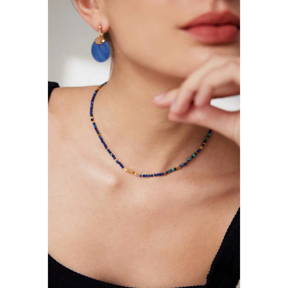 Ожерелье из серебра S925 пробы с покрытием 18-каратного золота | лазурита длина 38 + 6