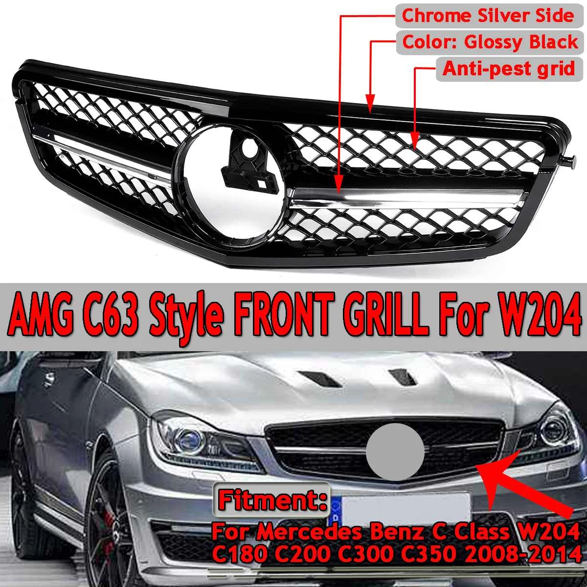 

For AMG C63 Style New Car Front Upper Grille Grill For Mercedes For Benz C Class W204 C180 C200 C300 C350 2008-14 Racing Grille