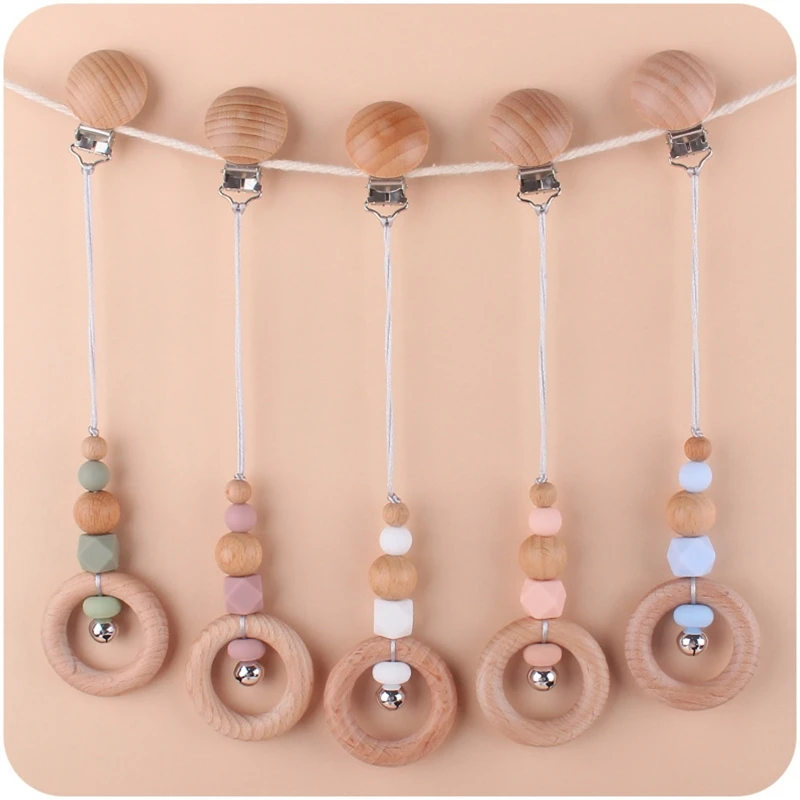 

Baby Pacifier Clip Silicone Pacifiers Holder Chain Beech Loud Bell Teething Toy for Infant Girls Boys Chewing Playing Gift