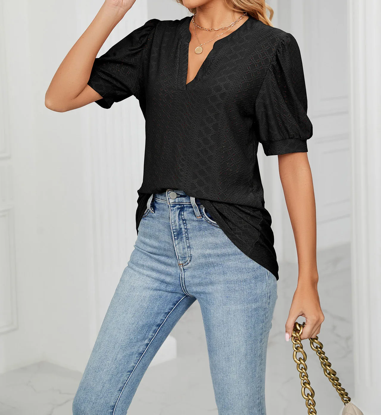 

Women's Shirt Summer New Fashion Casual V-neck Solid Color Hollow Bubble Sleeve Loose T-shirt Tops Female
