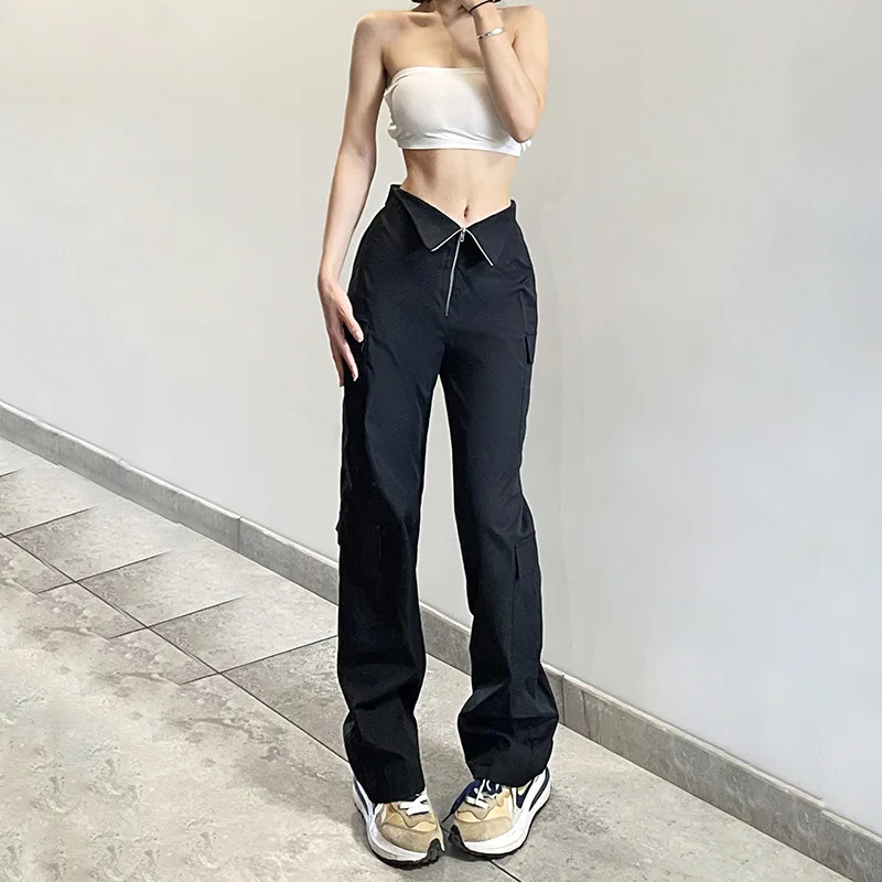 

Zipper Fashion Flared Trouser pants High Waist Gray Pants For Women Chic Design Wide Leg Baggy Vintage Streetwear women Summer