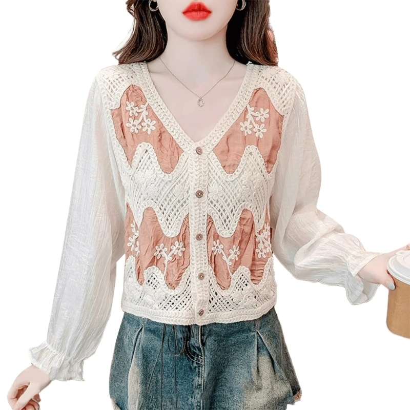 Женский укороченный топ на пуговицах из шифона с пышными рукавами и вязаным