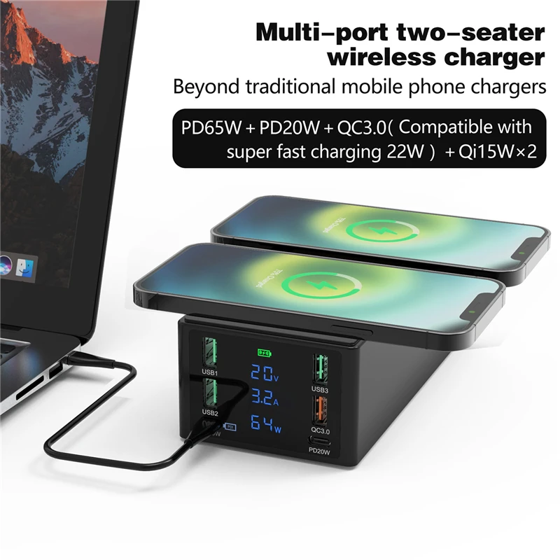 

Multiport 150W 6 Ports USB Fast Charging Station With Quick Charge 3.0 QC 3.0 PD Speed Charger And Dual 15W Wireless Charging