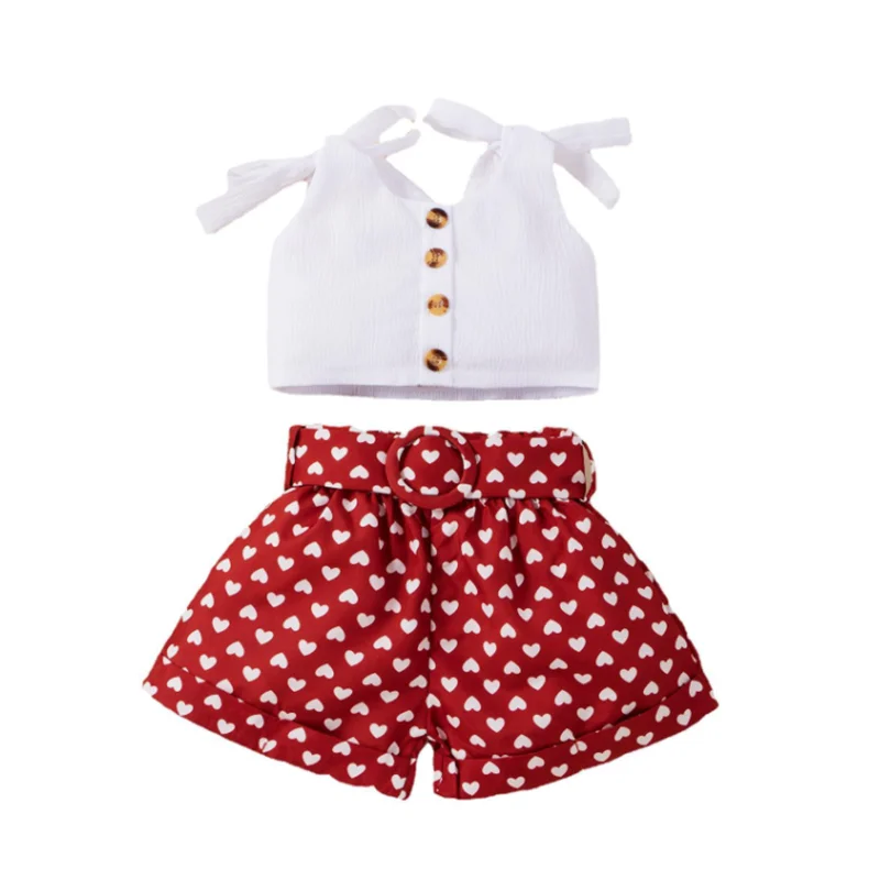 

Baby Girl Clothes Set Summer Solid Sling Top + Love Dot Print Shorts 2Pcs Suit 2023 New Cotton Sleeveless Children's Clothing