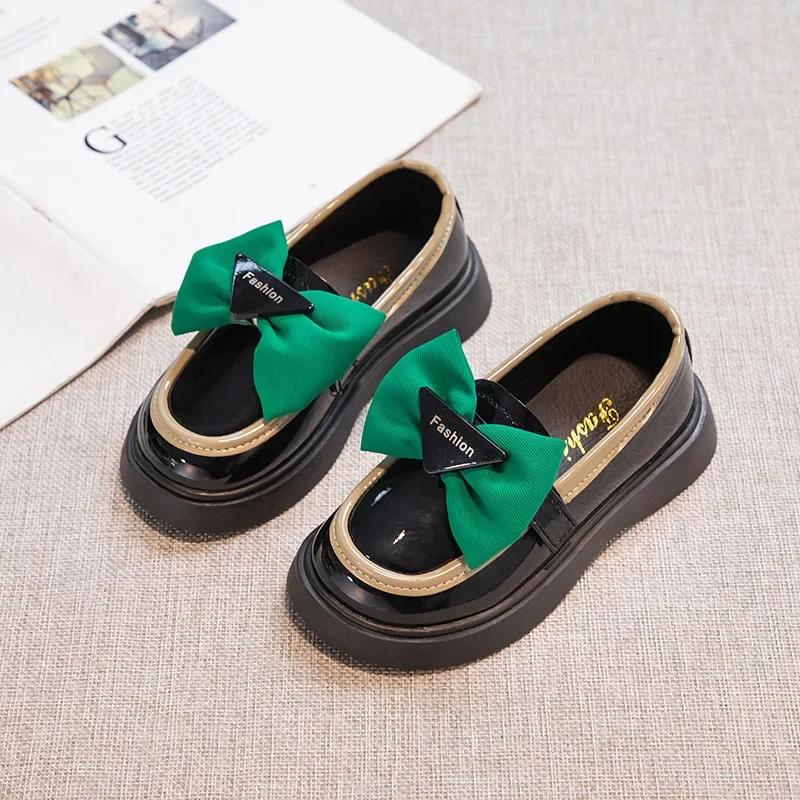 

Korean Style Children Leather Shoes for Girls Versatile Thick Bottom Bow 2023New Spring Slip-on Casual Kids Fashion shoes