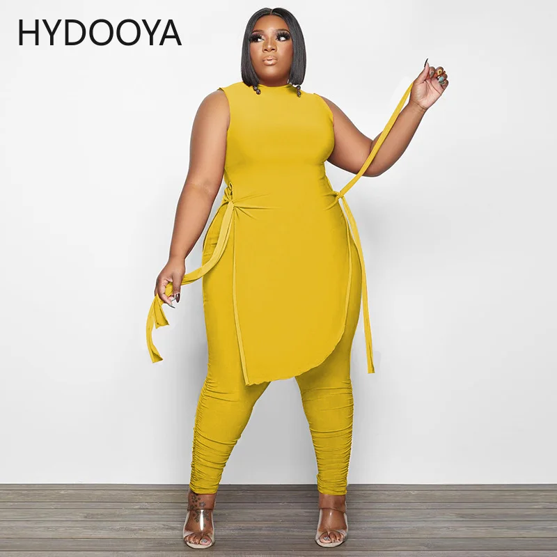 Plus Size Women Clothing Tracksuit Casual Two Piece Sets High Slit Sleeveless Top and Stacked Pencil Pant Dropshipping Wholesale