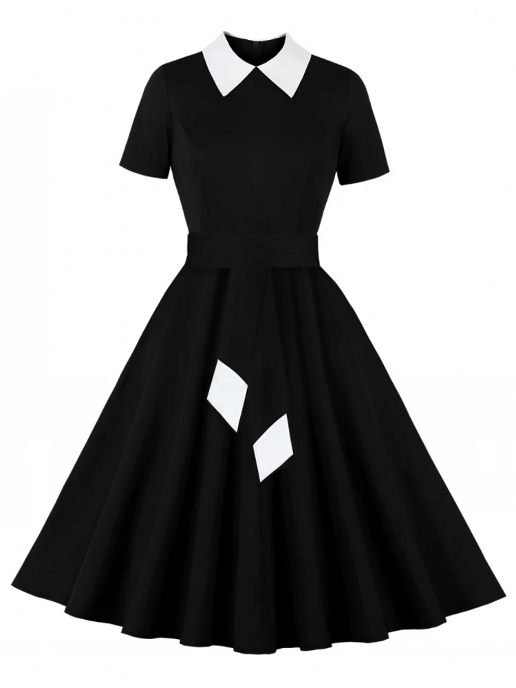 

Женское винтажное платье в стиле рокабилли, темно-синее платье с коротким рукавом, а-силуэт, элегантный повседневный и Пляжный наряд для жен...