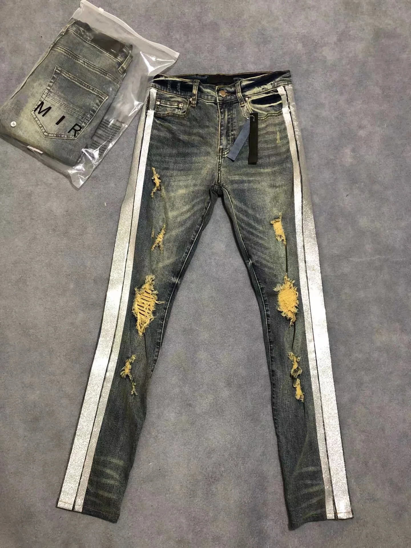 

holes knees glitter silver trim stripes slim fit high street fashion high quality jeans man